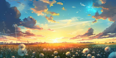 Fotobehang painting style illustration of beautiful peaceful and joyful nature grass meadow hill landscape with sunburst from horizon, Generative Ai © QuietWord