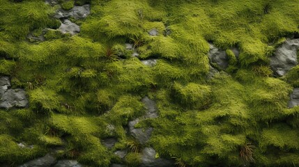 Patches of green moss covering a rocky stone wall.