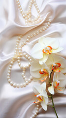 Fototapeta na wymiar Decorative and luxurious volumetric composition of undulating silk with flower and pearls. AI generated