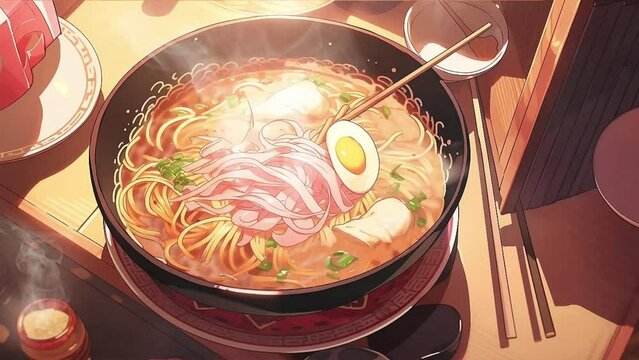 Ramen noodle anime cartoon fantasy landscape with animation cartoon style video art design