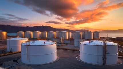 Oil tanks in a refinery at sunset 