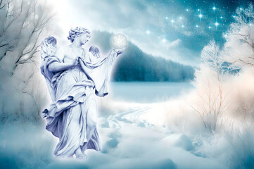 beautiful angel archangel in romantic dreamy etheral winter landscape with snow, AI elements