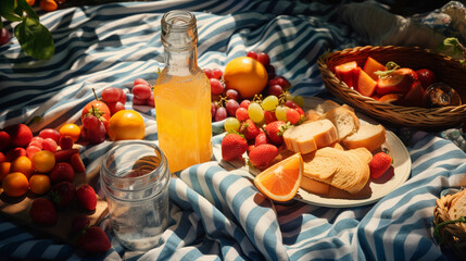a flat lay picnic, checked blanket, wicker basket, assortment of fruits, sandwiches, and drinks...