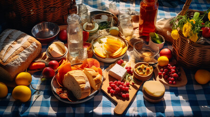 a flat lay picnic, checked blanket, wicker basket, assortment of fruits, sandwiches, and drinks...