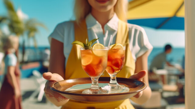 waitress offers cocktails on the beach close-up. Generative Ai. 