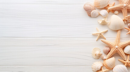 seashells and stars on a white wooden background with empty space to insert AND from above. Generative Ai. 