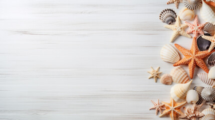 seashells and starfish on a white wooden background with an empty insertion space for your design