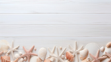 Fototapeta na wymiar starfish shells on white wooden background with blank space for insert. Generative Ai. 