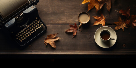 Autumn - themed flat lay photography, abstractly portraying fallen leaves, old books, a vintage typewriter, and a hot cup of coffee on a rustic wooden table