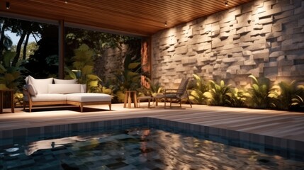 Obraz na płótnie Canvas Swimming pool with a striking brick wall feature.
