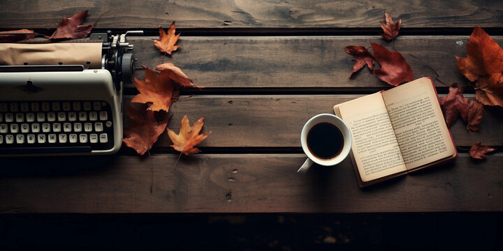 Autumn - themed flat lay photography, abstractly portraying fallen leaves, old books, a vintage typewriter, and a hot cup of coffee on a rustic wooden table