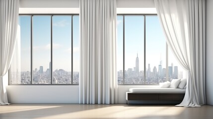 Contemporary interior with curtains of a window and city view.