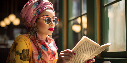 Bohemian woman, 20s, in a vibrant headscarf and oversized sunglasses, reading poetry in a café, retro