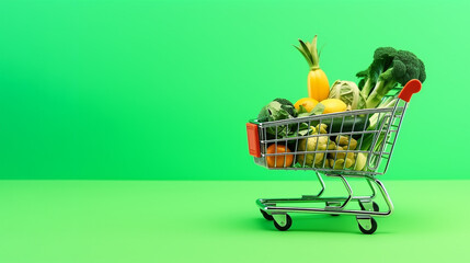 basket full of fruits and vegetables on a green background. Generative Ai. 