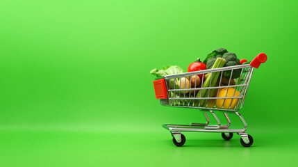 basket with fresh vegetables and fruits on a green background. Generative Ai. 