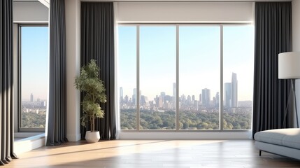 Contemporary interior with curtains of a window and city view.