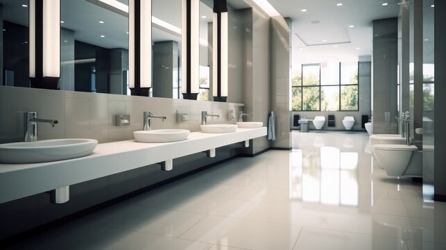 Contemporary Interior of bathroom with sink basin faucet lined up and hotel toilet urinals, Modern design, Construction and architecture.