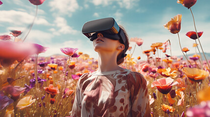 girl in a dress standing inside field full of flowers watching vr virutal reality artificial with gogles using phone