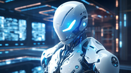Futuristic cyborg robot head in white scifi robotic environment full of electronics