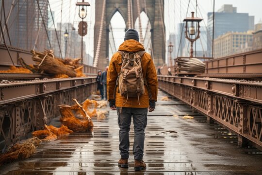 Bridge Passage: Capturing a Traveler Midway Across a Prominent Span, Highlighting Their Backpack or Shoes, Face Concealed Generative AI