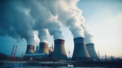 Nuclear power plant, Active thermal power station with smoke.