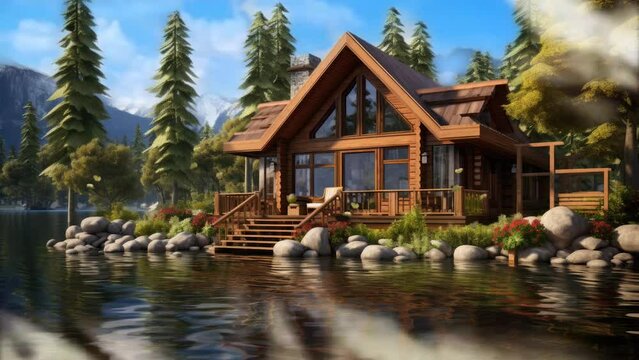 house on the river. seamless looping time-lapse virtual 4k video animation background.