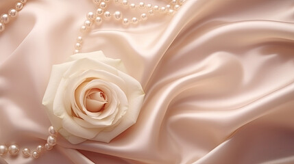 Decorative and luxurious volumetric composition of undulating silk with flower and pearls. AI generated