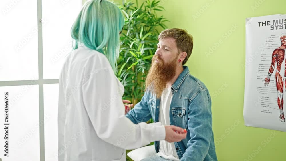 Sticker Man and woman doctor and patient hugging each other at clinic