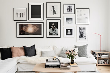 Craft a minimalist gallery wall with simple white frames, showcasing curated artwork and photography, adding a touch of creativity to any room." 