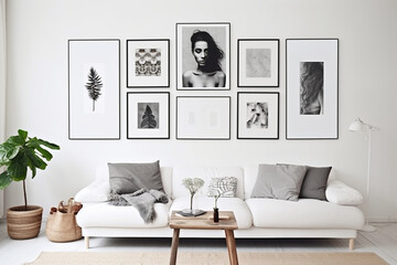 Craft a minimalist gallery wall with simple white frames, showcasing curated artwork and photography, adding a touch of creativity to any room." 