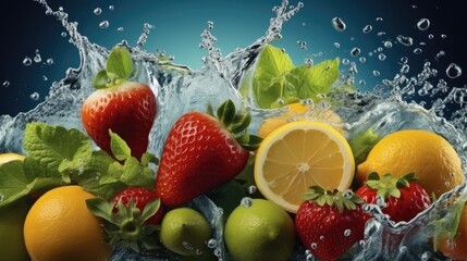 Fruits and vegetables splashing into clear water white background, Wholesome immersion, Nutrition and vitamin theme.