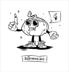 Set of tattoo vector characters for halloween. A cute pumpkin in sneakers, glasses and gloves holding a candle in his hand. - 634067399