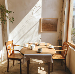 the empty breakfast table after has finished eating in white wall cafe