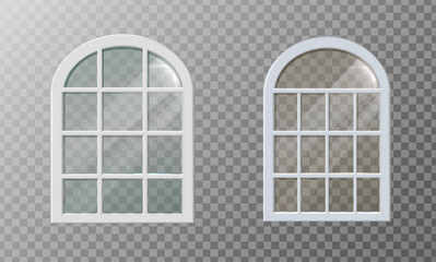 3d realistic vector icon illustration. Old mansion arch white frame window with transparent glass reflection.