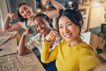 Friends, women and selfie with strong arm flex and banner at home bond, fun and power at home....