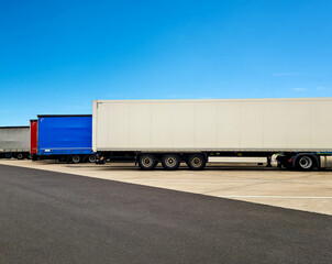 Trucks of international transport stand parallel to each other in a parking lot near the autobahn....