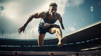 Leap to Victory: Man Clearing Hurdle with Precision in Stadium