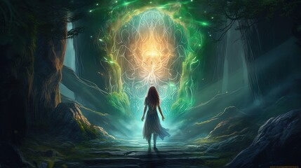 a woman walking to ancient technology magic light portal, Generative Ai