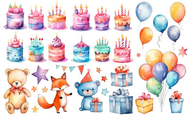 Birthday party set. Birthday watercolor collection with cakes, bears, fox, balls, gifts.

