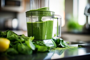 Preparation of a healthy diet detoxifying green smoothie in the food processor in the white modern...
