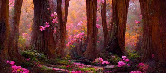 Enchanted magic forest, majestic ancient old trees, mystical woodland glade in warm autumn colors. colorful flowers and green grass, dreamy fairytale fantasy wonderland - generative AI	