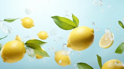 Advertisement studio banner with lemons and mint leaves and water splashes flying in the air on pastel gradient background. Food ingredient levitation