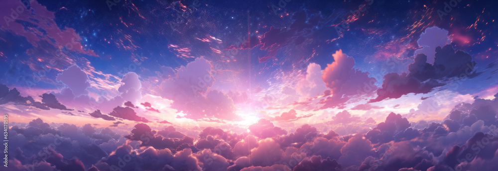 Wall mural Heavenly sky. Sunset above the clouds abstract illustration. Extra wide format. Hope, divine, heavens concept. Hand edited generative AI. 