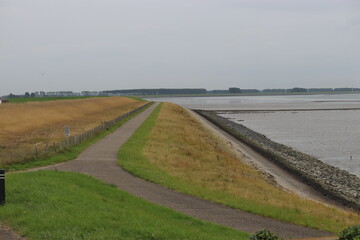 a cycle path at the underside of the seawall along the westerschelde sea at the dutch coast in zeeland