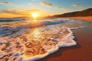 Beautiful seascape at sunset. Panoramic view of the sea and sandy beach. Beautyful background. Sea wave with foam. Beautiful ocean waves. 