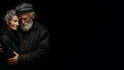 Obraz premium Älteres Ehepaar umarmen sich herzlich voller Liebe im dunklen Licht Porträt ai, generativ