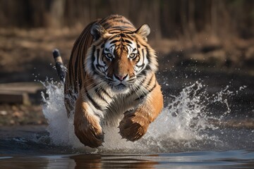 Fototapeta na wymiar Female Bengal tiger (Panthera tigris tigris) refreshing in the water, Ranthambhore National Park, Rajasthan, India, Asia