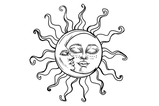 Sun and moon, tarot symbol, accult symbol of harmony and balance of opposite energies, black and white drawing