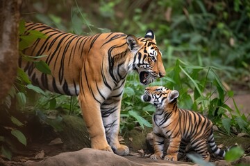 Fototapeta na wymiar Siberian tiger (Panthera tigris altaica) cubs age 3 months playing. Captive.