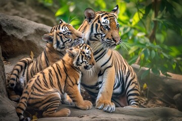 Siberian tiger (Panthera tigris altaica) cubs age 3 months playing. Captive.